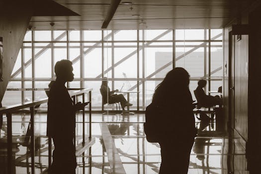 Silhouettes of people in a glass hallway, modern architectural design.