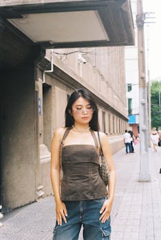 Fashionable young woman in brown leather top standing confidently on a city sidewalk.