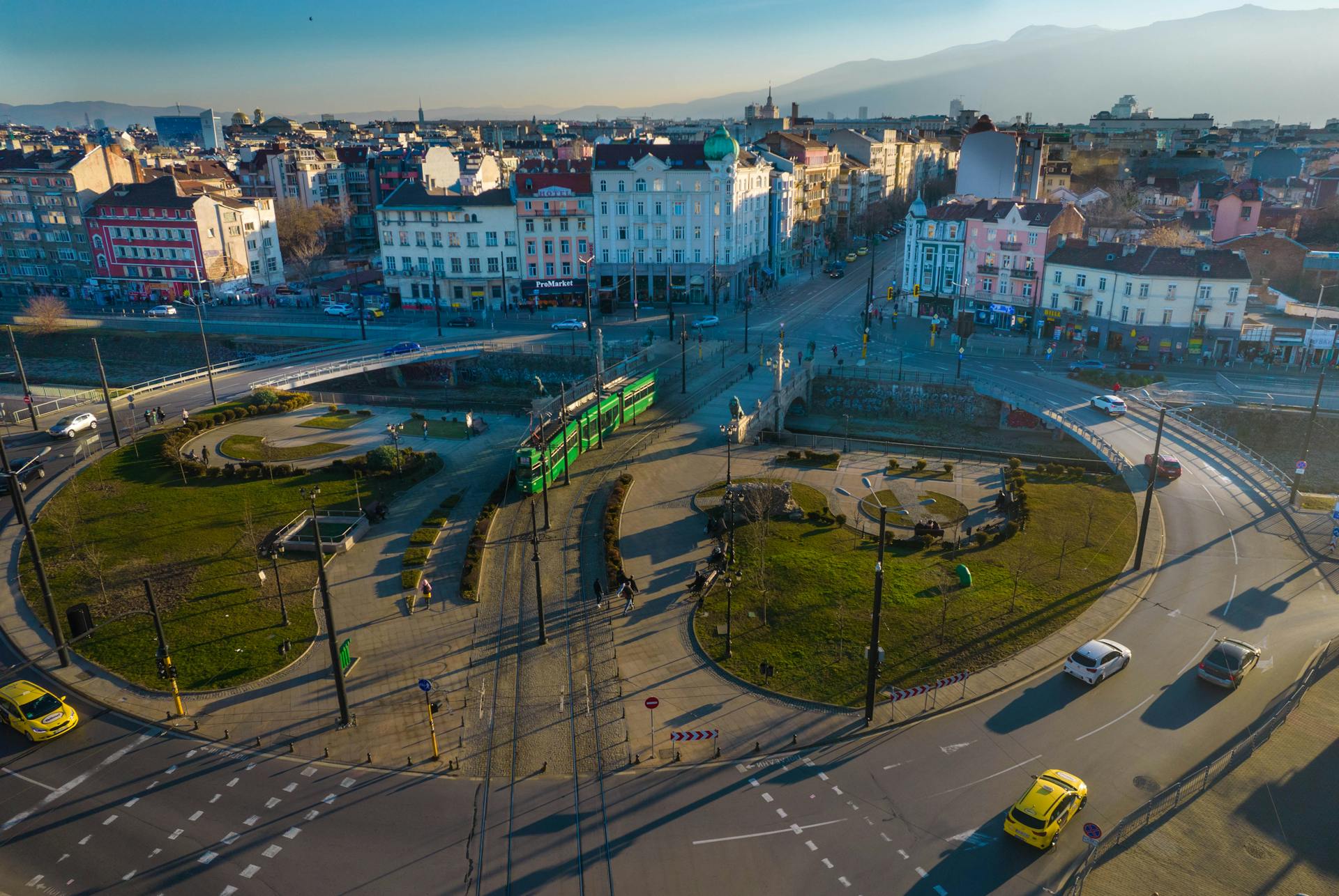 Explore the vibrant cityscape of Sofia with a focus on the iconic Lion's Bridge.