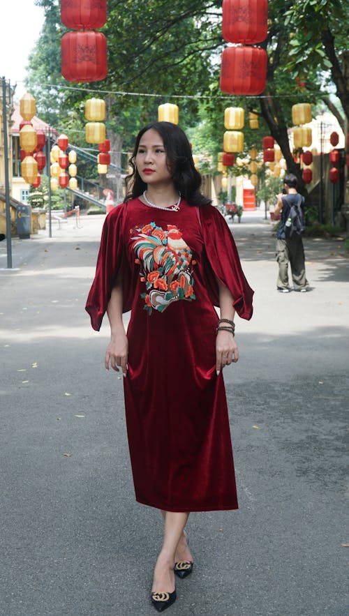 Woman in Red, Traditional Clothing on Street