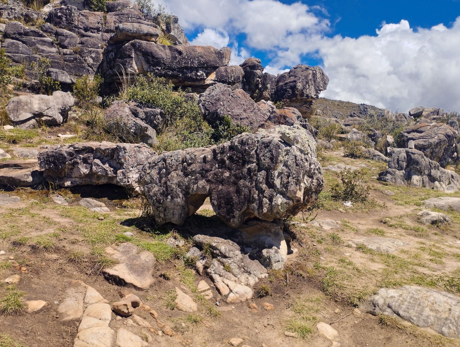 Rocas grises y redondeadas entre pasto y matorrales en un cerro, bajo un cielo azul con nubes