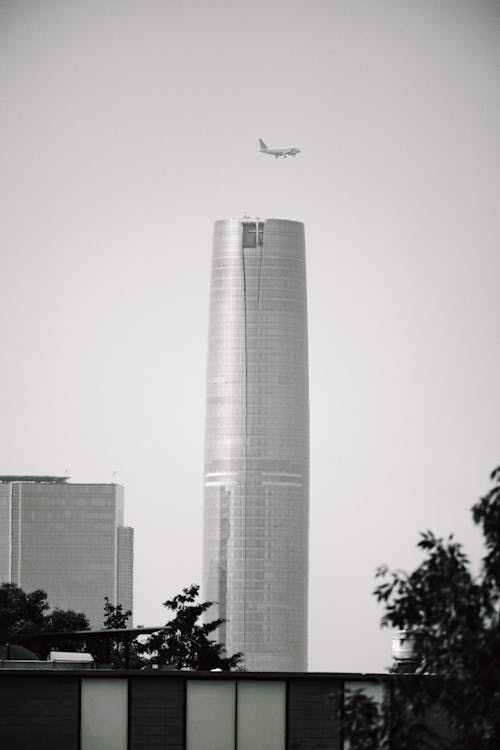 Airplane over Skyscraper in Black and White
