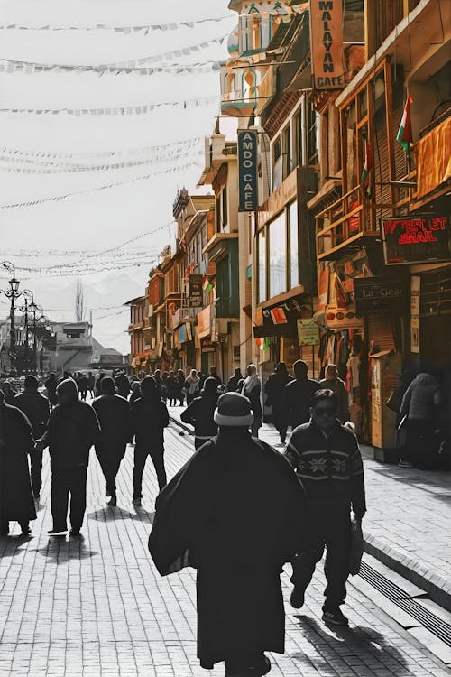 Pedestrians Walking along a Decorated Street