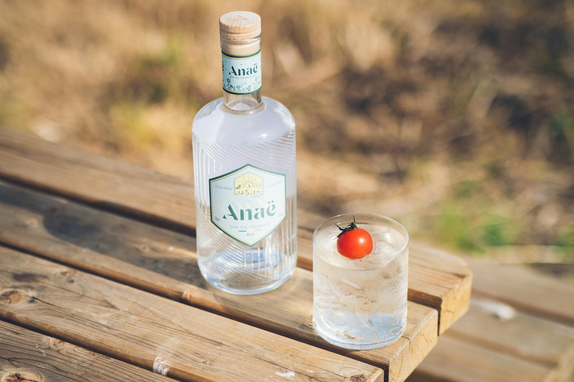 Gin flaska och glas med cocktail med tomat