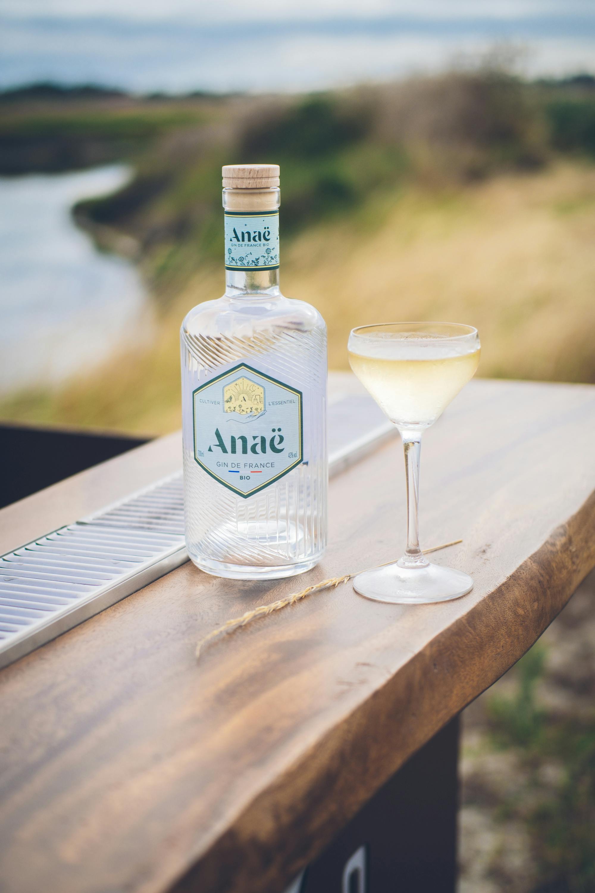 A bottle of gin with a cocktail on an outdoor bar near a scenic river.