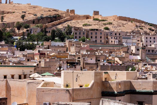 Scenic view of Fez, Morocco showcasing historical architecture and city walls.