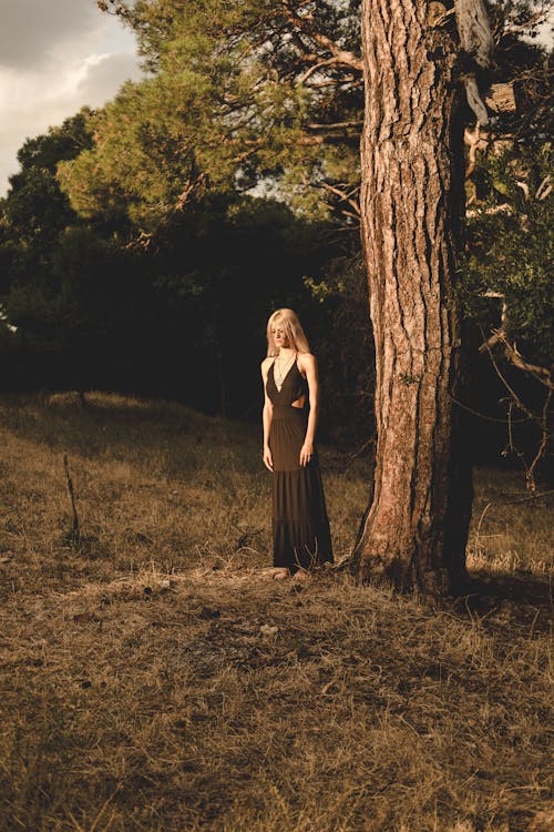 Young Woman in Black Dress Standing by Tree in Park