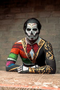 Man with Day of the Dead makeup and colorful costume in Ciudad de México, celebrating cultural tradition.