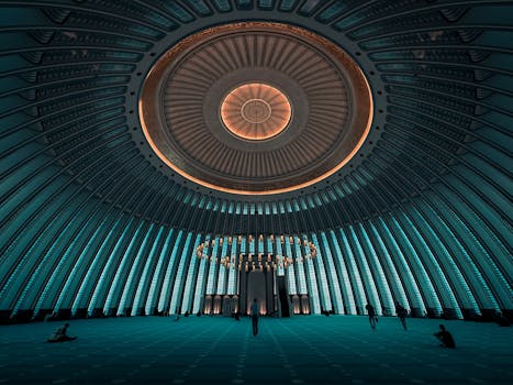 Stunning view of İstanbul mosque's intricate interior with a grand dome and modern design.