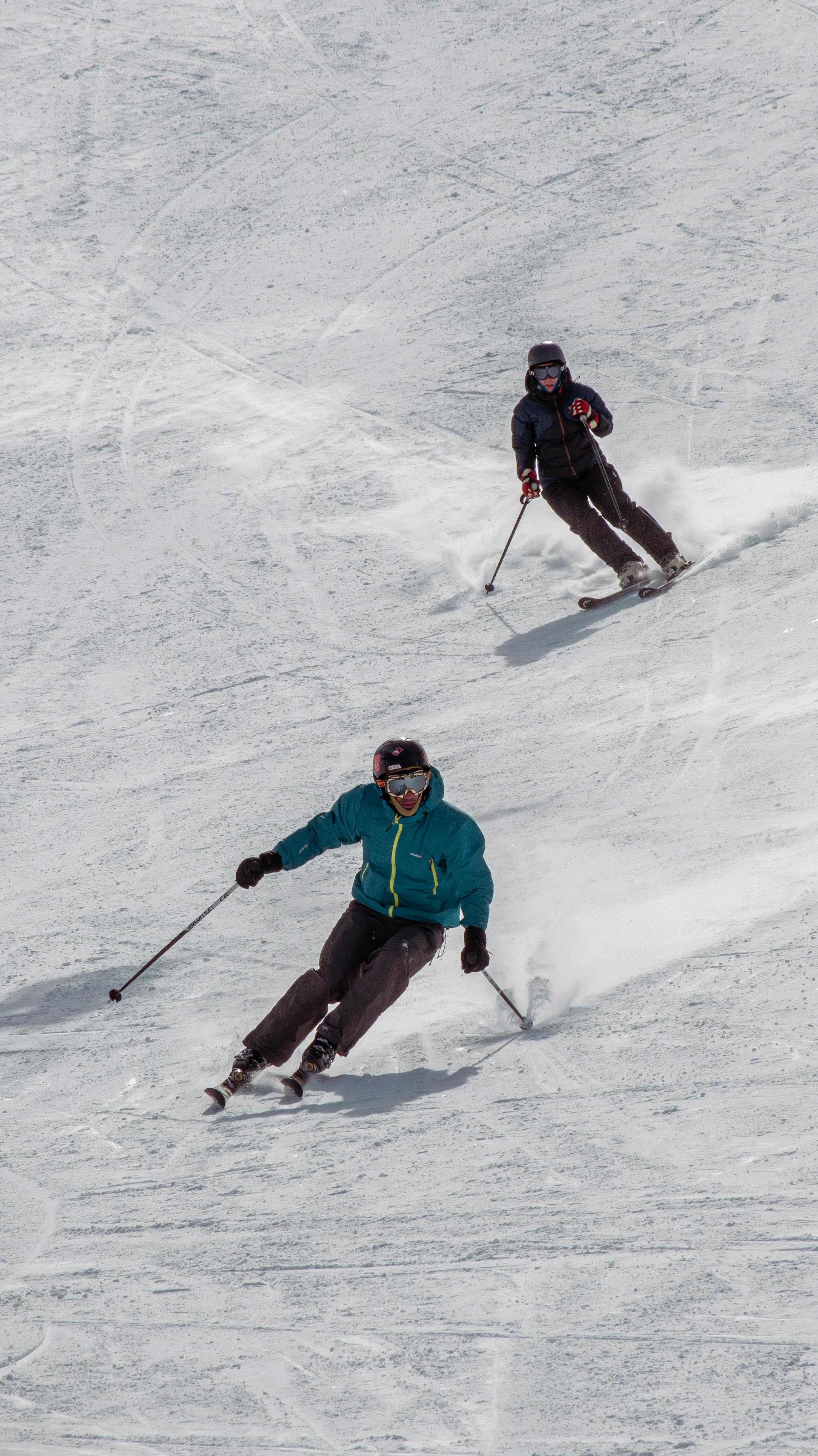 Two skiers racing downhill on a snowy slope, showcasing skill and exhilaration.