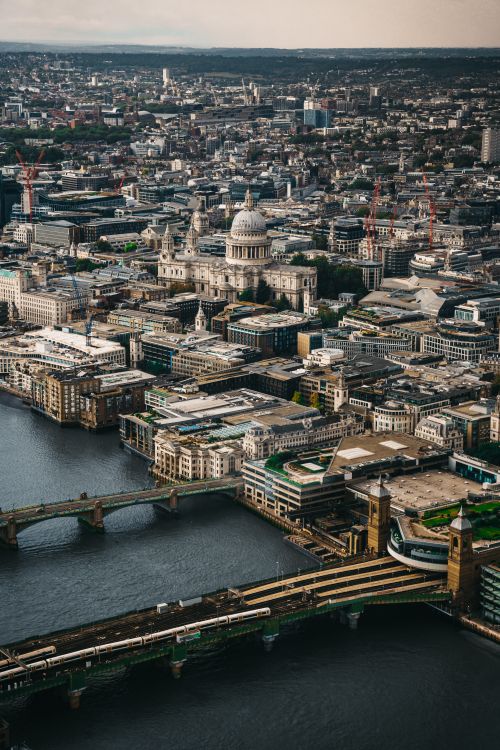 Free Stunning aerial photo of London cityscape with St. Paul's Cathedral and River Thames view. Stock Photo