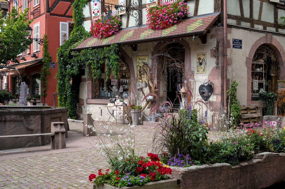 Stradă cu case colorate din lemn și flori în Kaysersberg, Alsacia