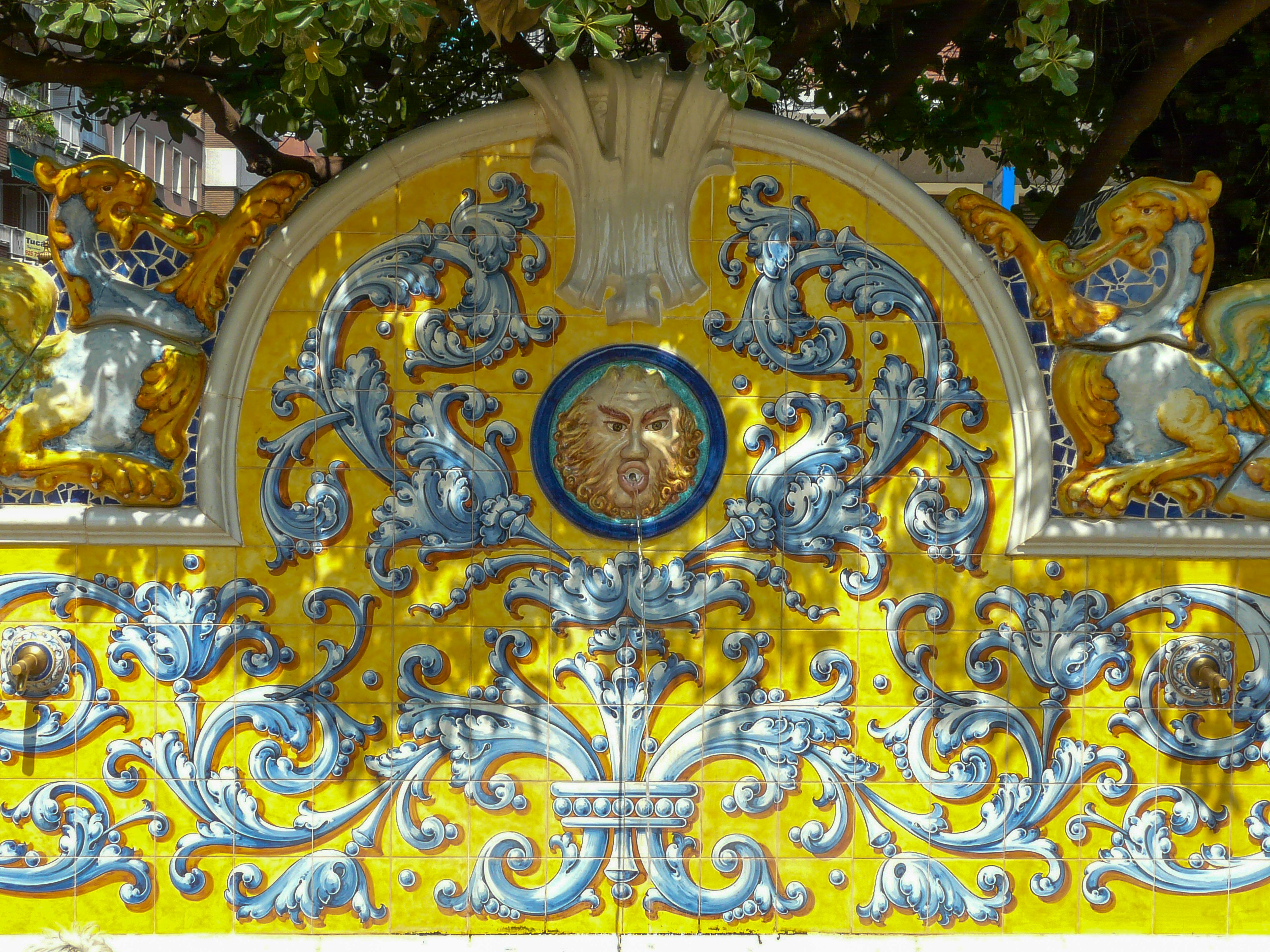 Vibrant Talavera-style decorative ceramic tile art in Talavera de la Reina, Spain.