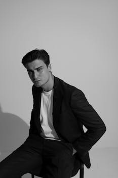 Elegant black and white portrait of a man in a fashion shoot, wearing a dinner jacket, sitting indoors.