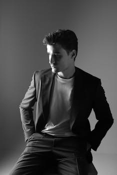 Elegant black and white portrait of a young man in a blazer, sitting and posing.