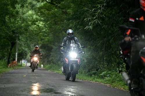 View of Motorcyclists Riding on a Road between Green Trees