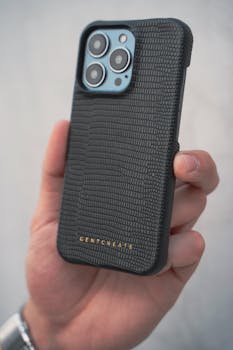 Detailed close-up of a smartphone with a textured case in a hand against a neutral background.