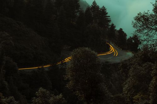 Free A tranquil forest road illuminated by car light trails under a twilight sky, showcasing nature's beauty. Stock Photo