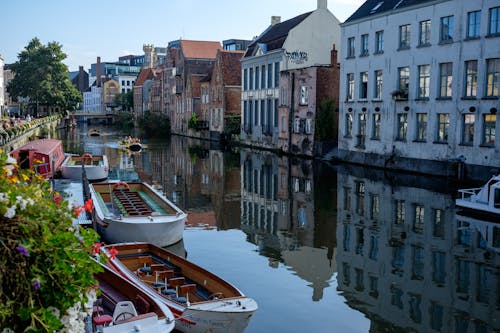 Scenic View of City and Canal in Belgium 