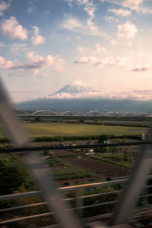 View of Mount Fuji and Water Channel Bridge, Fuji City, Shizuoka Prefecture, Japan 