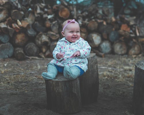 Criança Sorrindo Enquanto Está Sentada Em Um Tronco De Madeira