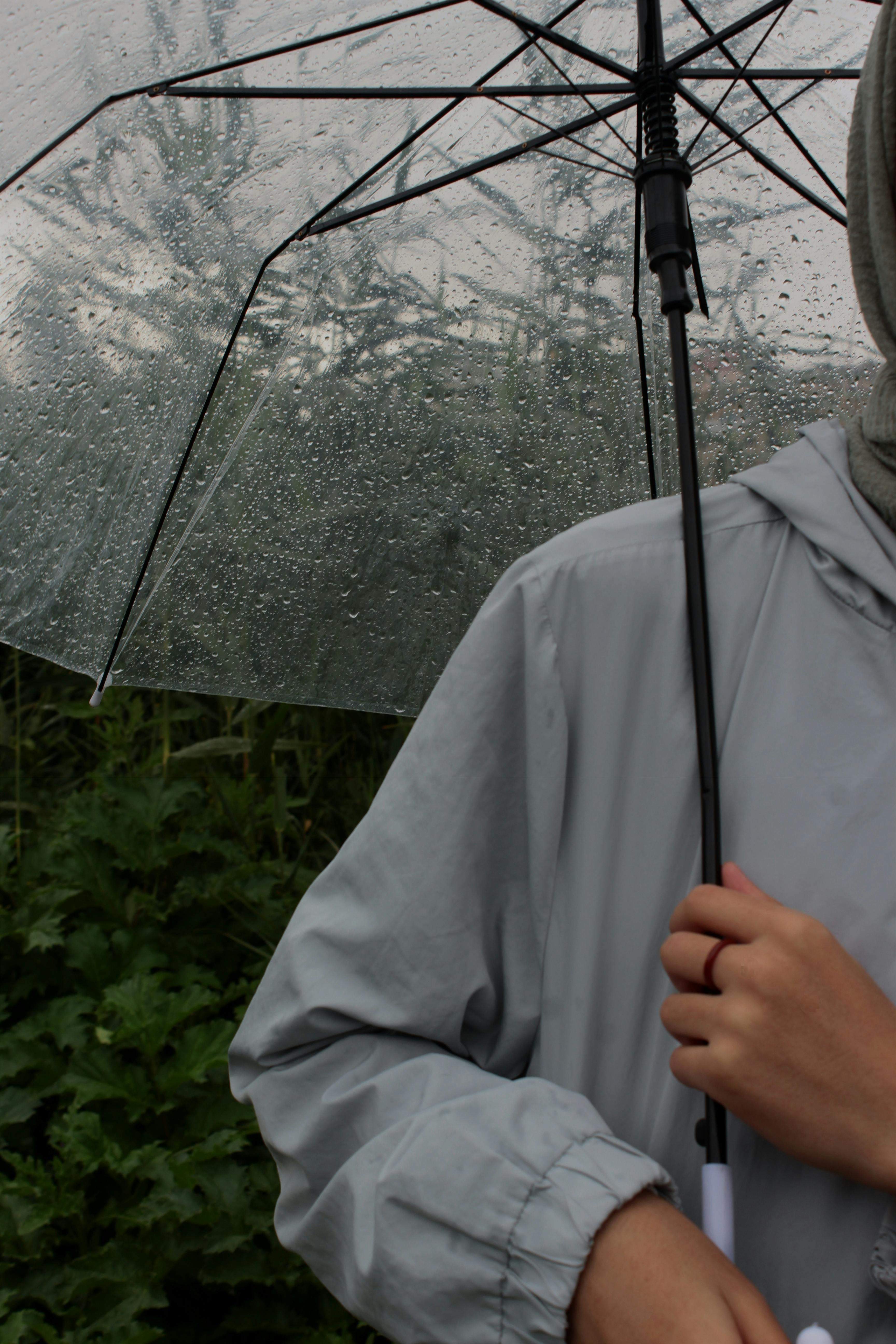 A close-up shot of a person holding a transparent umbrella under the rain, wearing a light jacket.