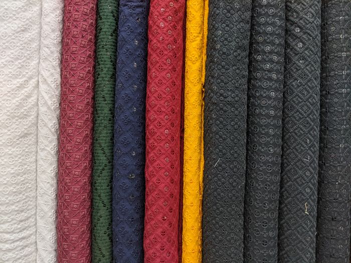 Rolls of colourful textile fabric