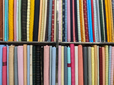 Colorful fabric rolls stacked in a textile store, showcasing various textures and patterns.