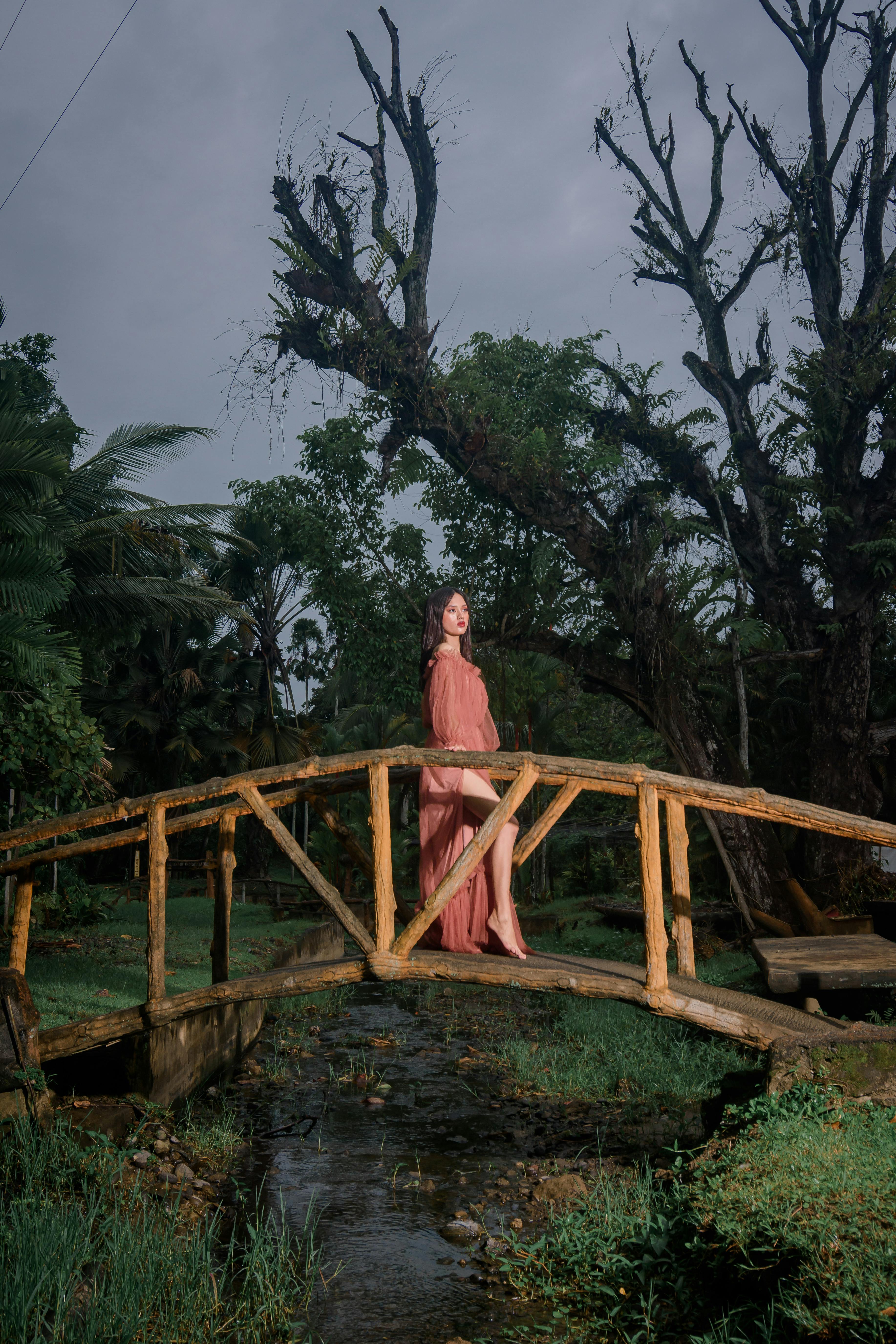 Woman Posing in Dress on Wooden Footbridge · Free Stock Photo