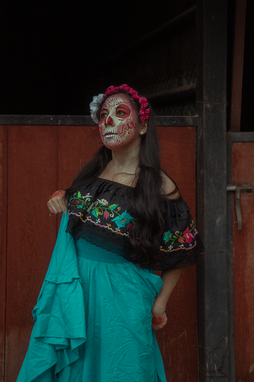 Free Woman in traditional Mexican attire with Day of the Dead style makeup. Stock Photo