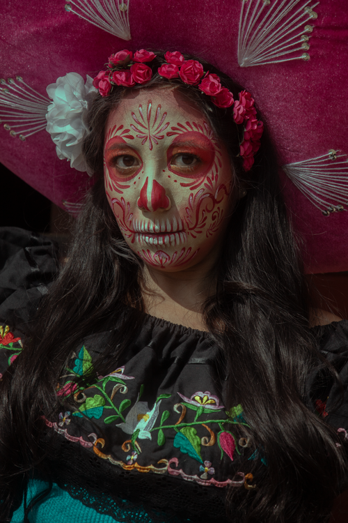 Free Portrait of a woman in Catrina makeup celebrating Dia de Muertos. Floral headpiece adds a festive touch. Stock Photo