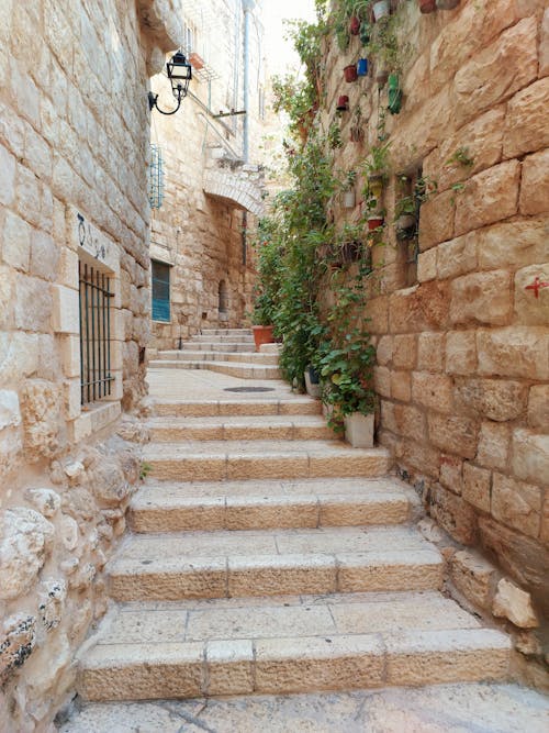 View of a Narrow Walkway with Steps between Stone Walls 
