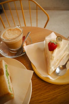 Enjoy a delightful French breakfast in Paris, featuring creamy coffee and a strawberry-topped cake.