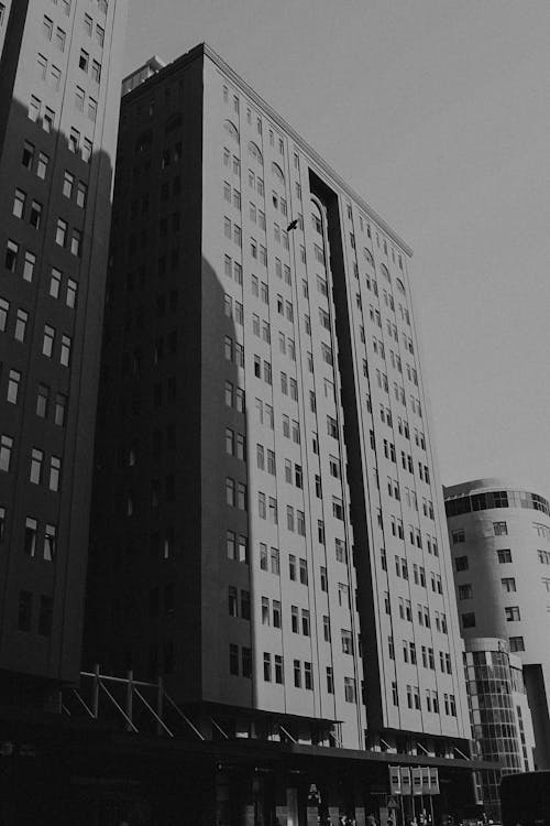 Black and White Photo of Apartment Blocks in a City 