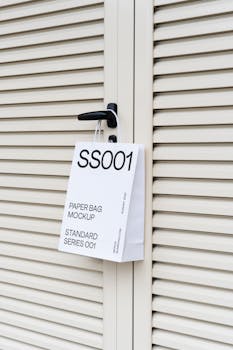 A close-up view of a paper bag mockup hanging on a door handle in Timișoara, Romania.