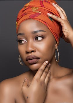 Elegant portrait of a woman with a vibrant red headscarf and golden hoop earrings, showcasing beauty and style. by Dre Dawkcide