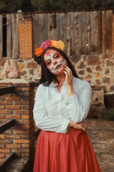 Catrina-styled woman in traditional Mexican attire outdoors, embodying cultural traditions.