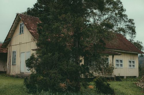 Free A charming wooden house in a tranquil rural landscape, surrounded by trees and greenery. Stock Photo