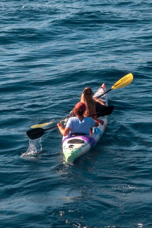 Free Two women paddle a canoe on clear blue water, captured from above. Stock Photo