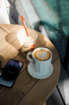A captivating shot of coffee and bubble tea on a sunlit table in Istanbul, Turkey.