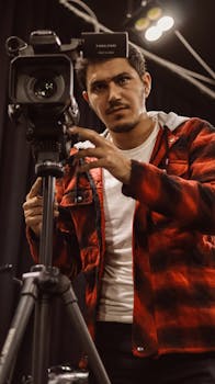 A focused young videographer adjusts his camera on a tripod in a studio setting.