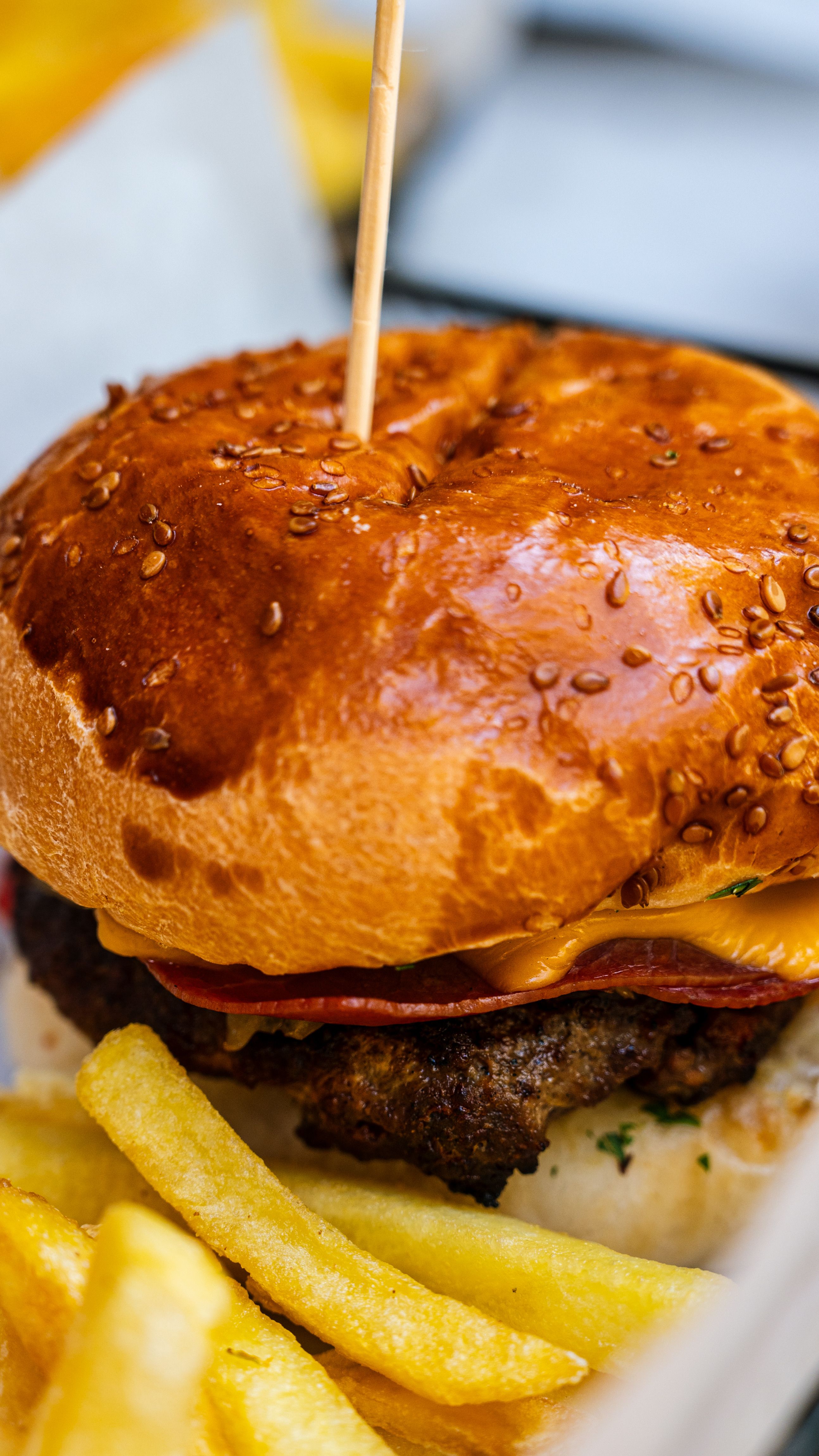 Close-up of a juicy cheeseburger with crispy fries, perfect for fast food lovers.