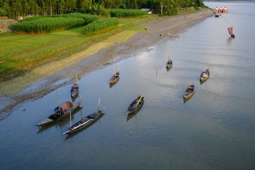 Free Aerial view of traditional boats on a tropical river surrounded by lush greenery. Stock Photo