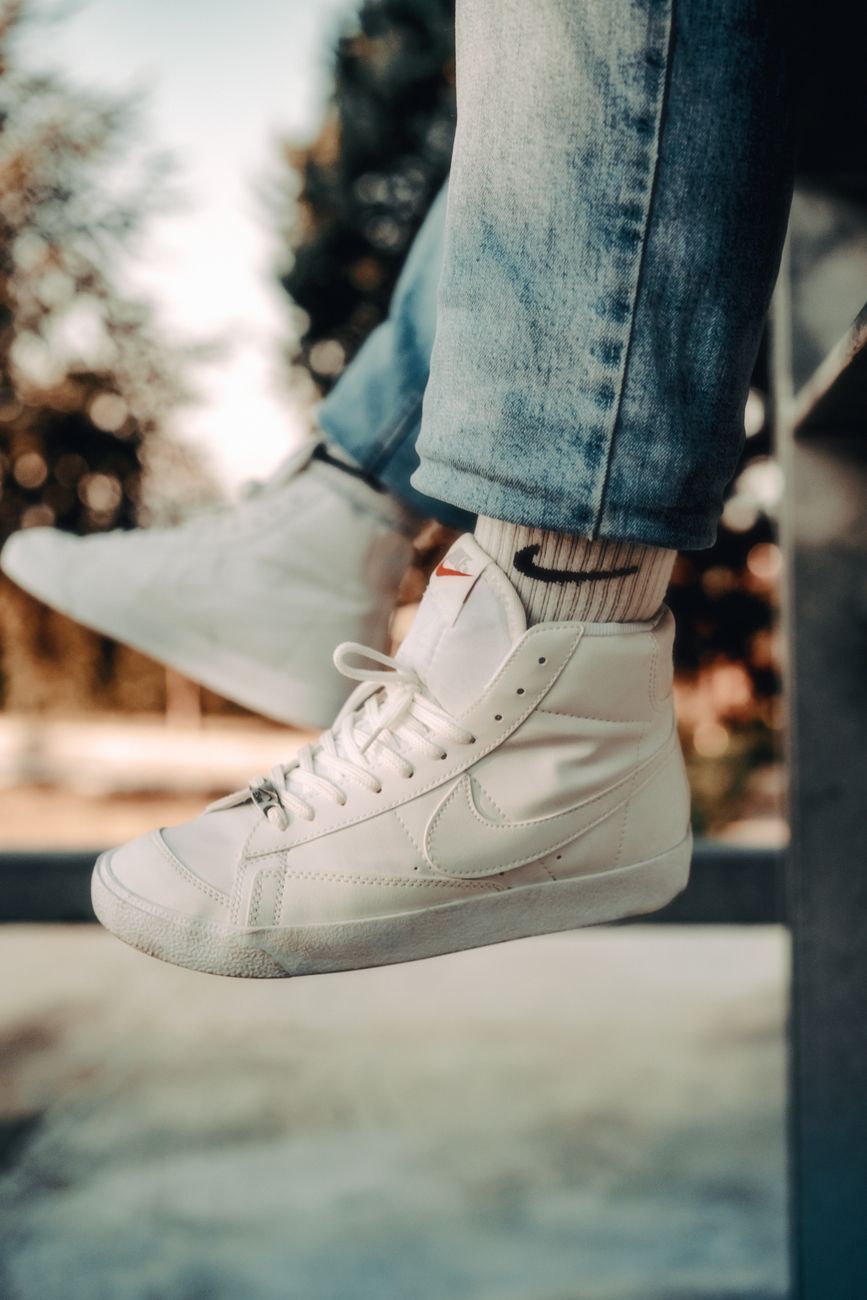 Close Up Trendy White Sneakers Worn Footwear