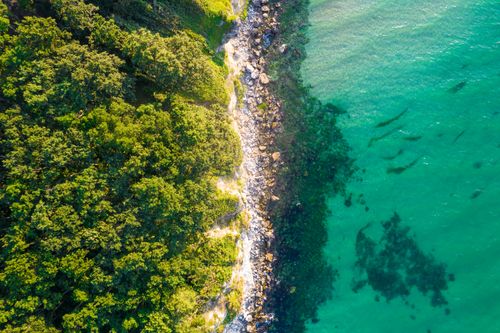 Free Stunning aerial shot capturing a vibrant coastline with lush greenery and clear turquoise waters. Stock Photo
