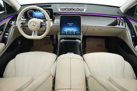 High-tech interior of a Mercedes-Benz featuring a sleek dashboard and modern display screen.