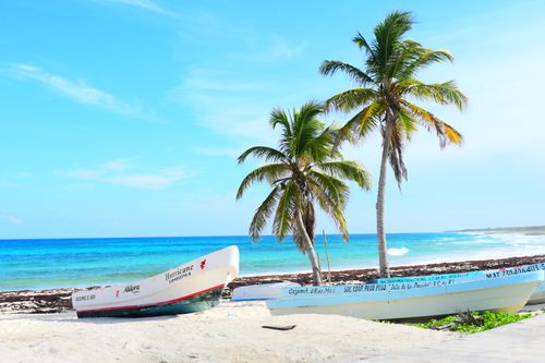 Free Bright tropical beach featuring boats on the shoreline under clear blue skies and palm trees. Stock Photo