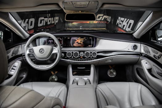 Explore the premium interior of a Mercedes-Benz S-Class, showcasing luxurious leather seats and advanced technology.