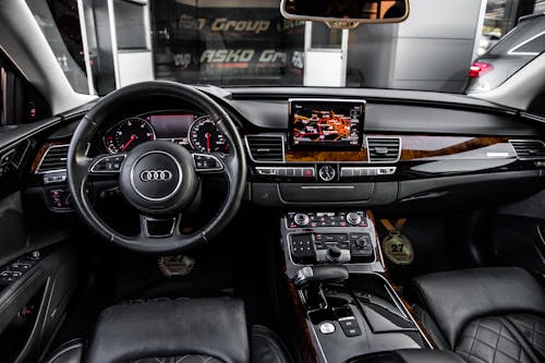 Interior of an Audi A8 with Black Leather Seats 