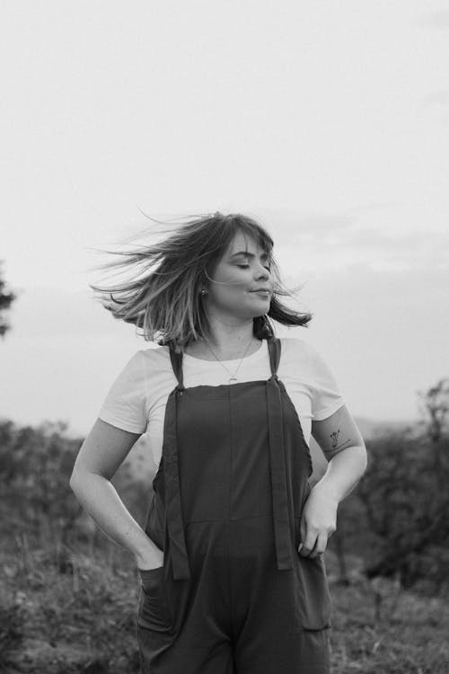 Portrait of Woman on a Field in Black and White 